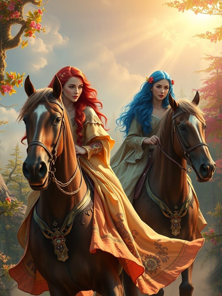 Women Ride Majestic Horses in Enchanted Forest