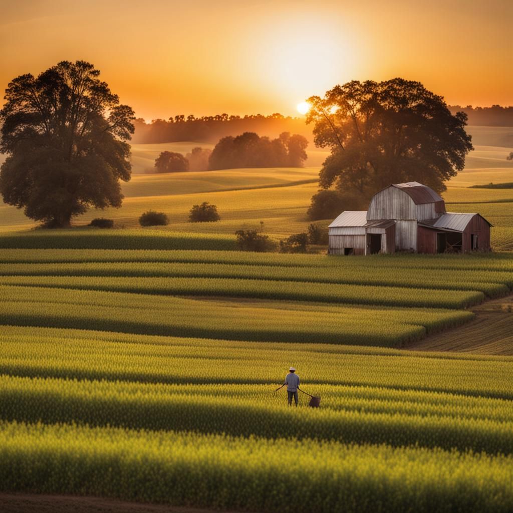 Sunset Farm Scene with Farmer