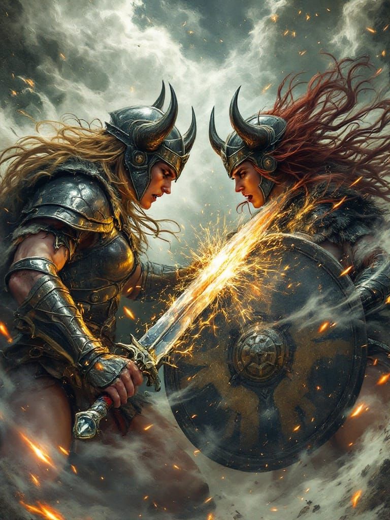 Epic Shield Maidens Battle in Nordic Mythological Style
