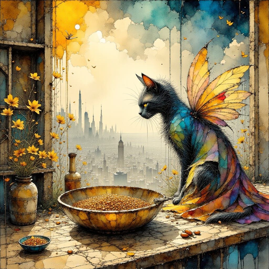 Cat Food Fairy Over Dinner, Whimsical Realism