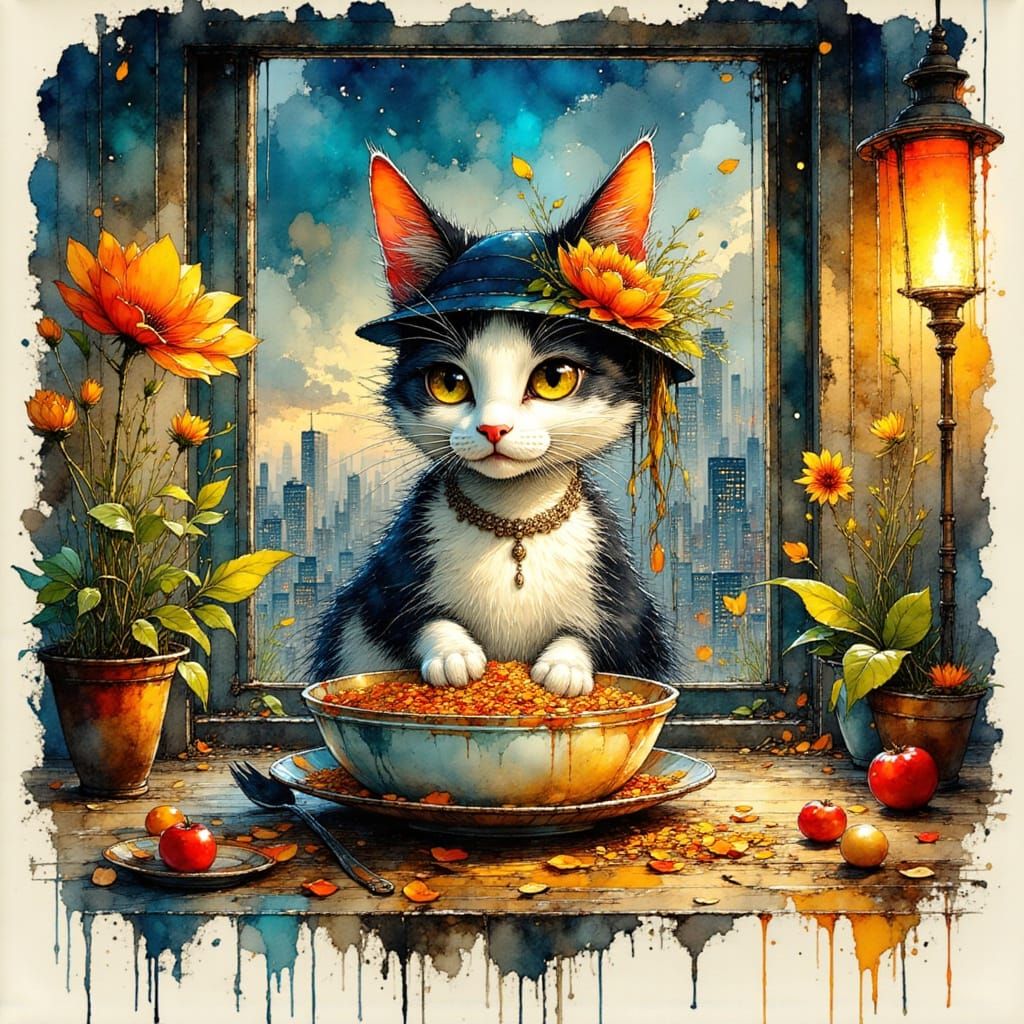 Cat Food Fairy Dinner Scene in Ink