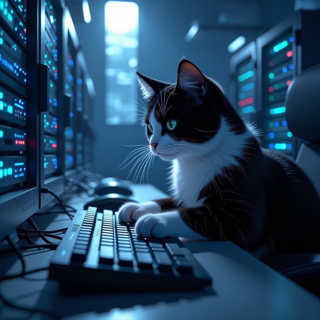 Black and White Cat Coding in Futuristic Anime Style