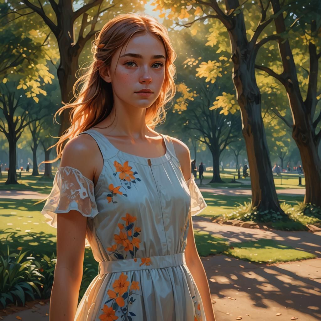 Girl in Sunlit Park: Hyper-Realistic Digital Painting