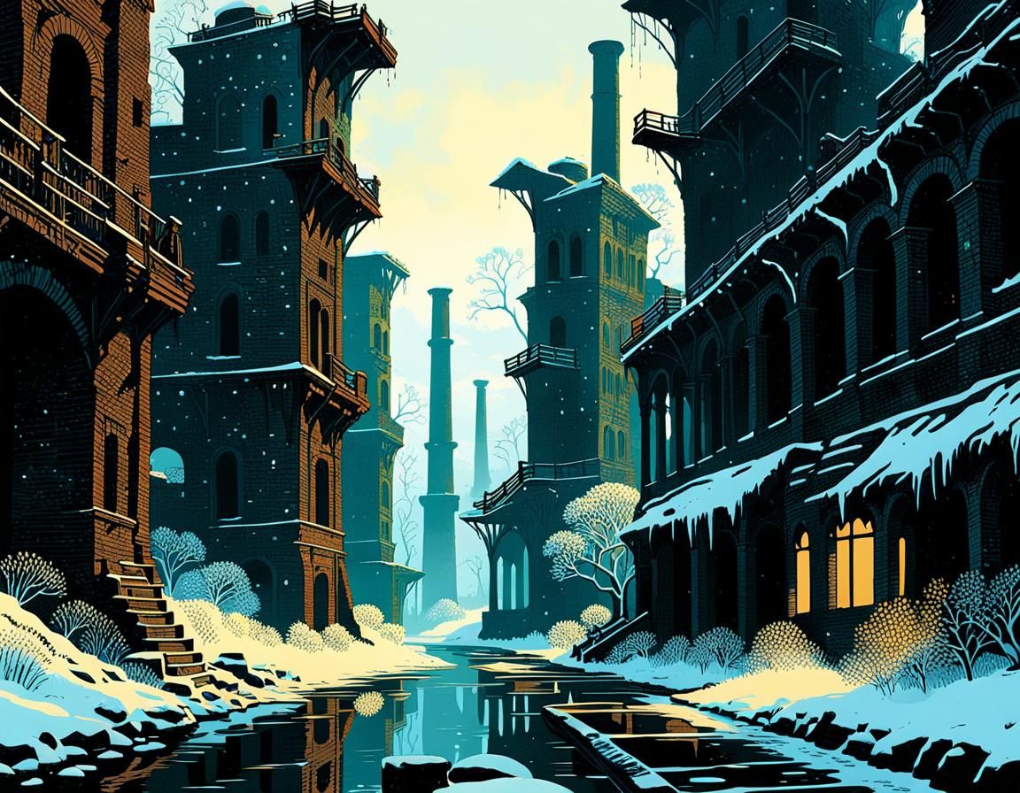 Nature Reclaims Industrial Ruins in Cyberpunk Aesthetic