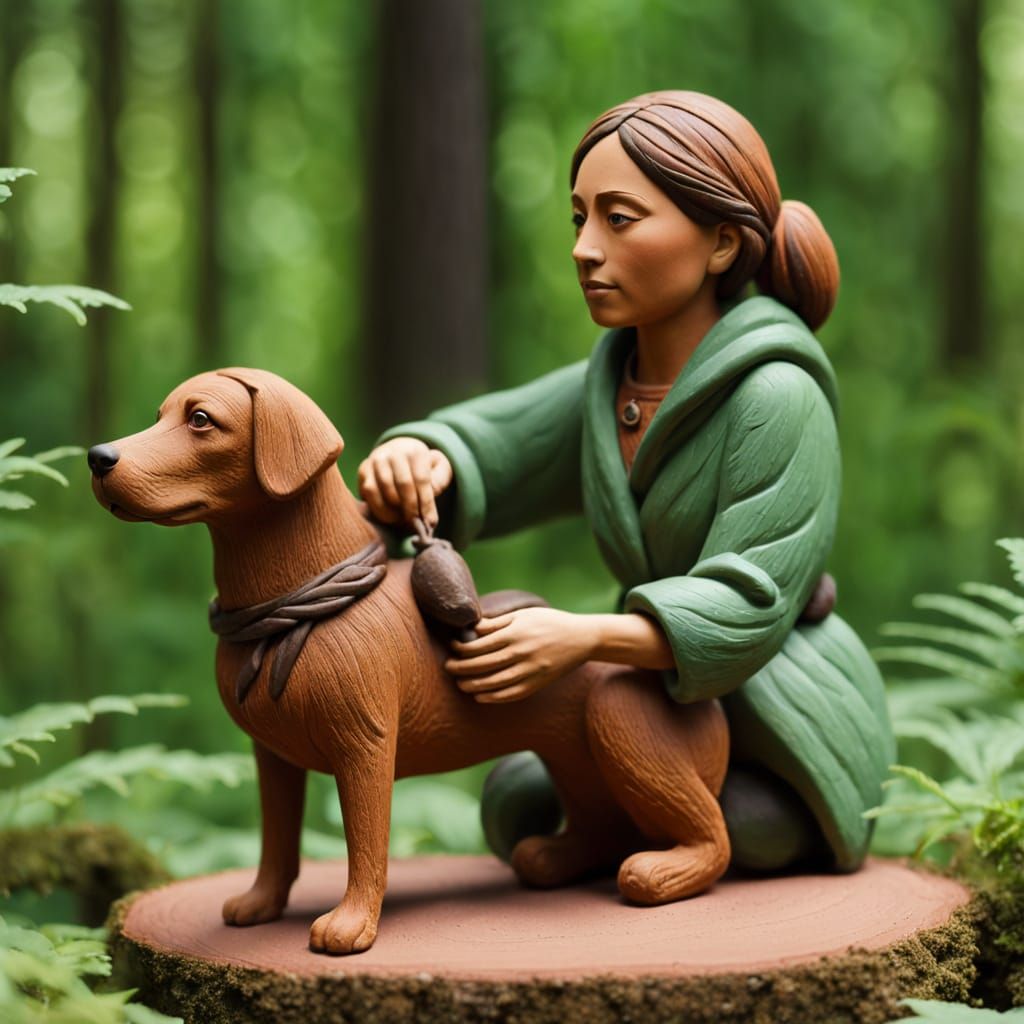 Clay Woman Holding Dog Sculpture in Forest