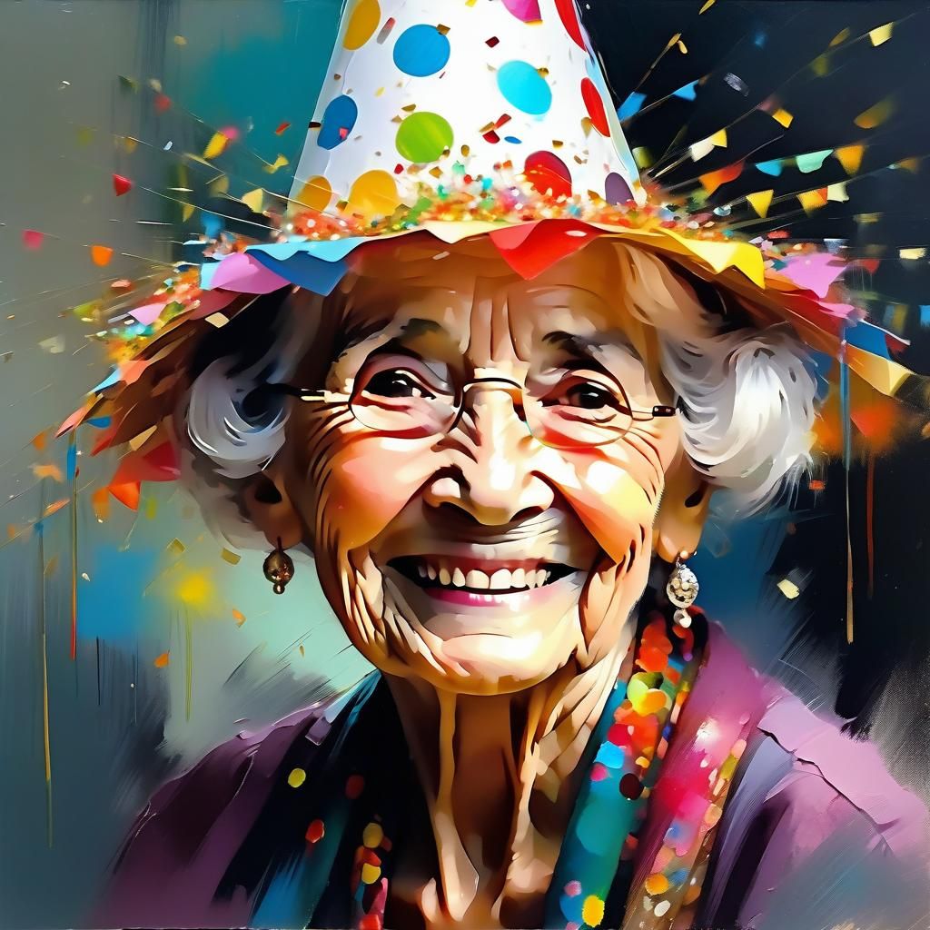 Elderly Woman's Birthday Portrait in Mixed Media Style
