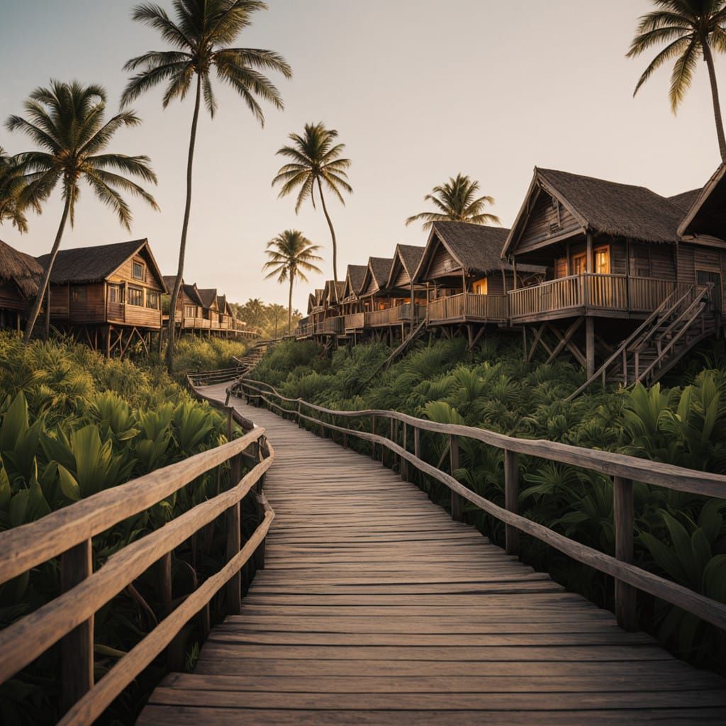 Warm Beach Boardwalk at Dusk in Cinematic Style