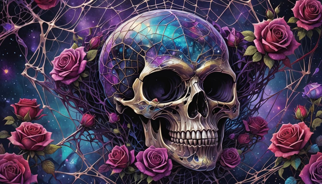 Cosmic Skull with Roses and Spiderwebs: Mixed Media Illustra...