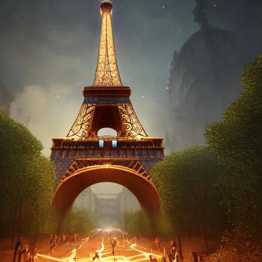 Eiffel Tower on Glowing Tree in Mystical Forest
