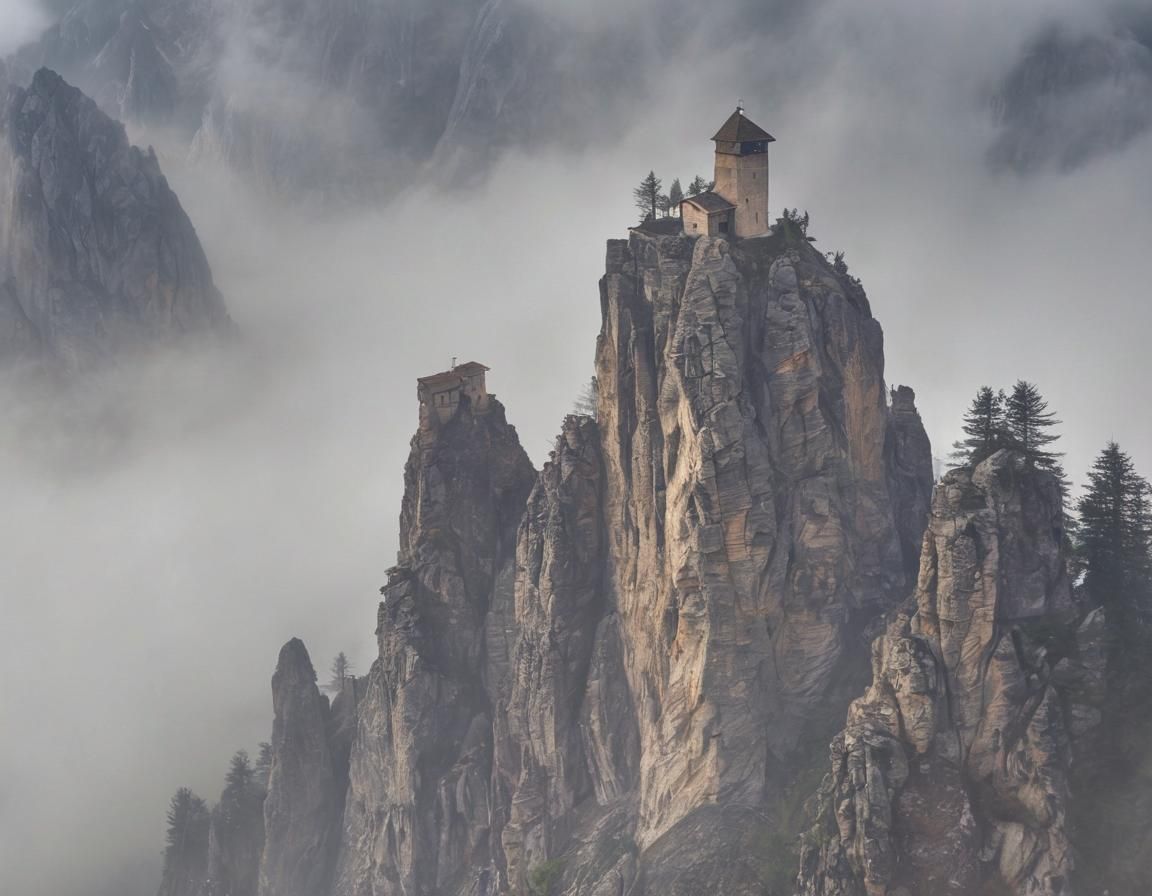 Wizard Tower in Foggy Dolomite Mountains