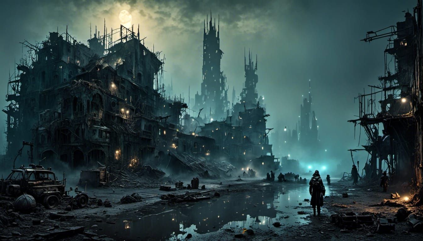 Futuristic Alien City Ruins at Night in Trashpunk Style