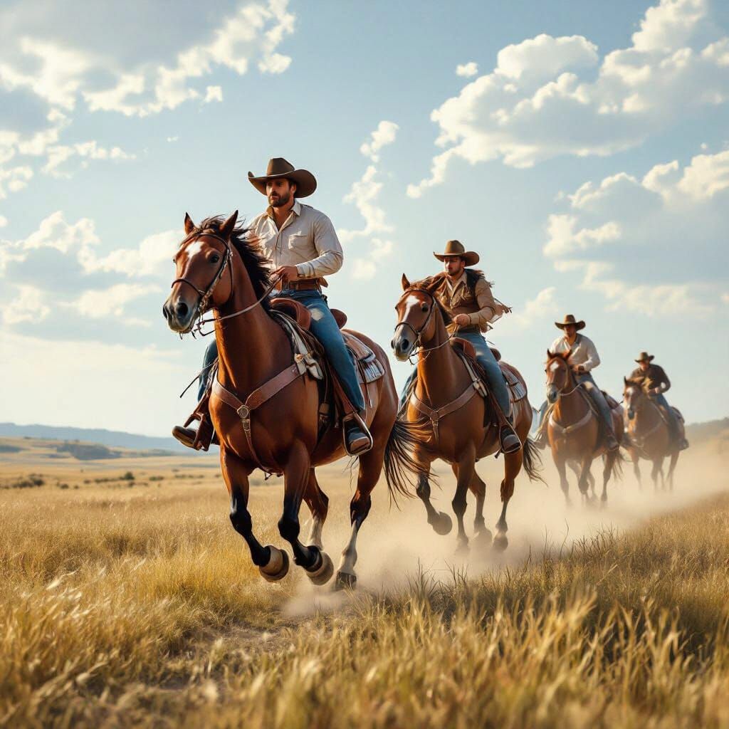 Cowboys Gallop Across Open Plains Under Sunny Sky