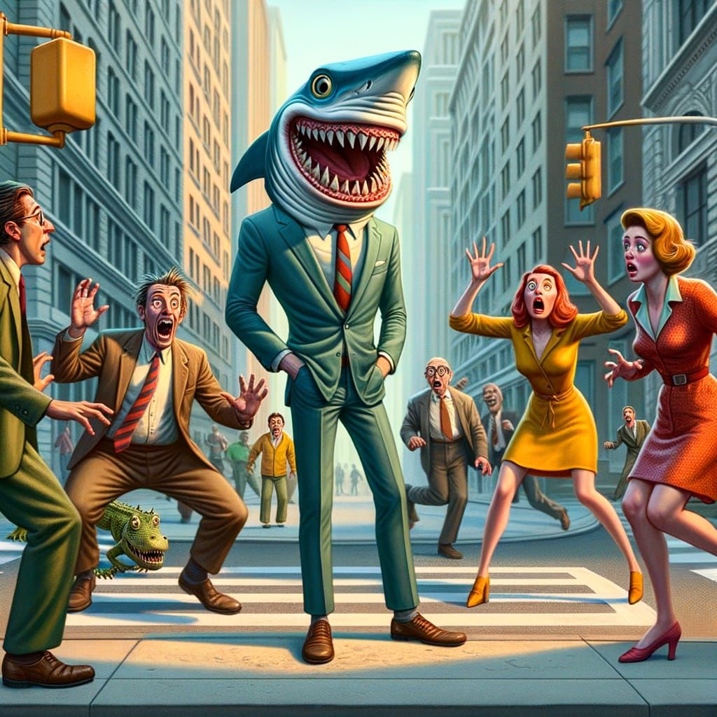 Shark-Headed Man and Alligator Woman in Cityscape
