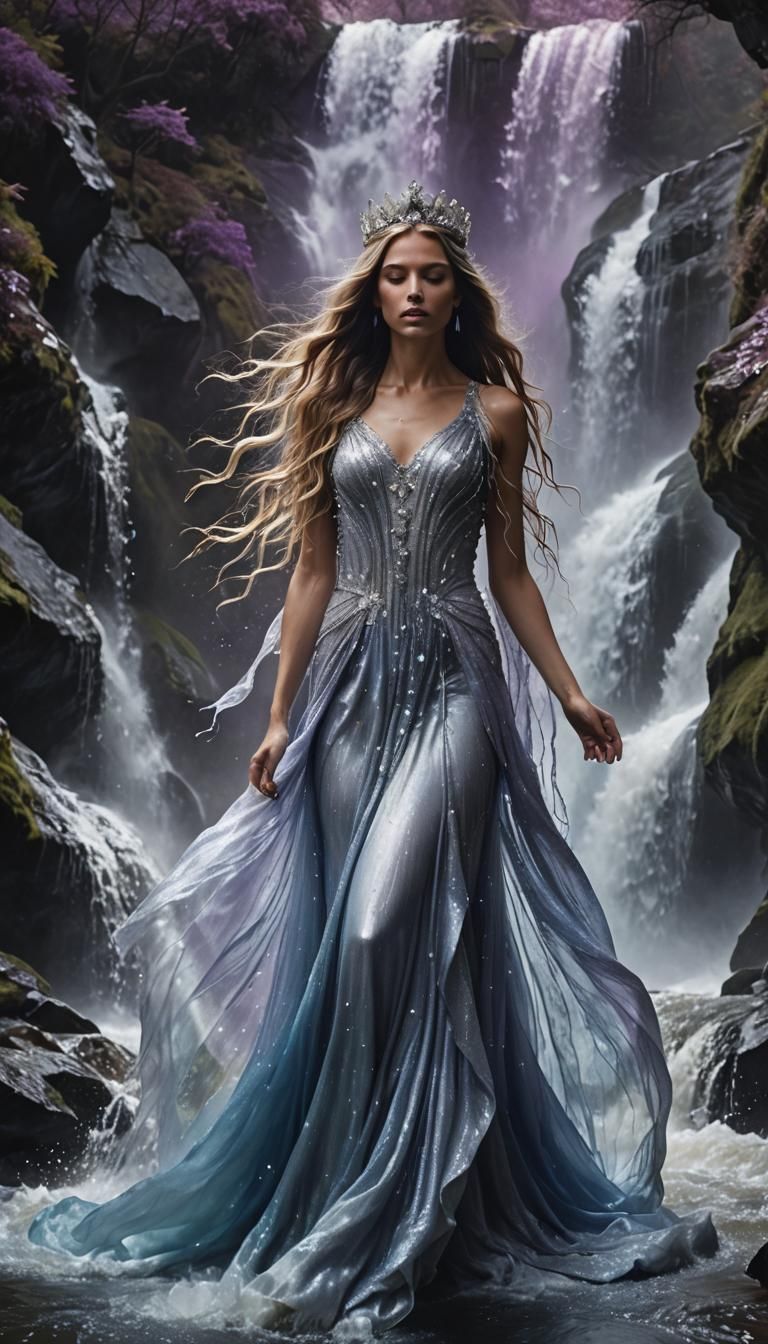 Ethereal Woman Emerges from Waterfall in Hyperrealism