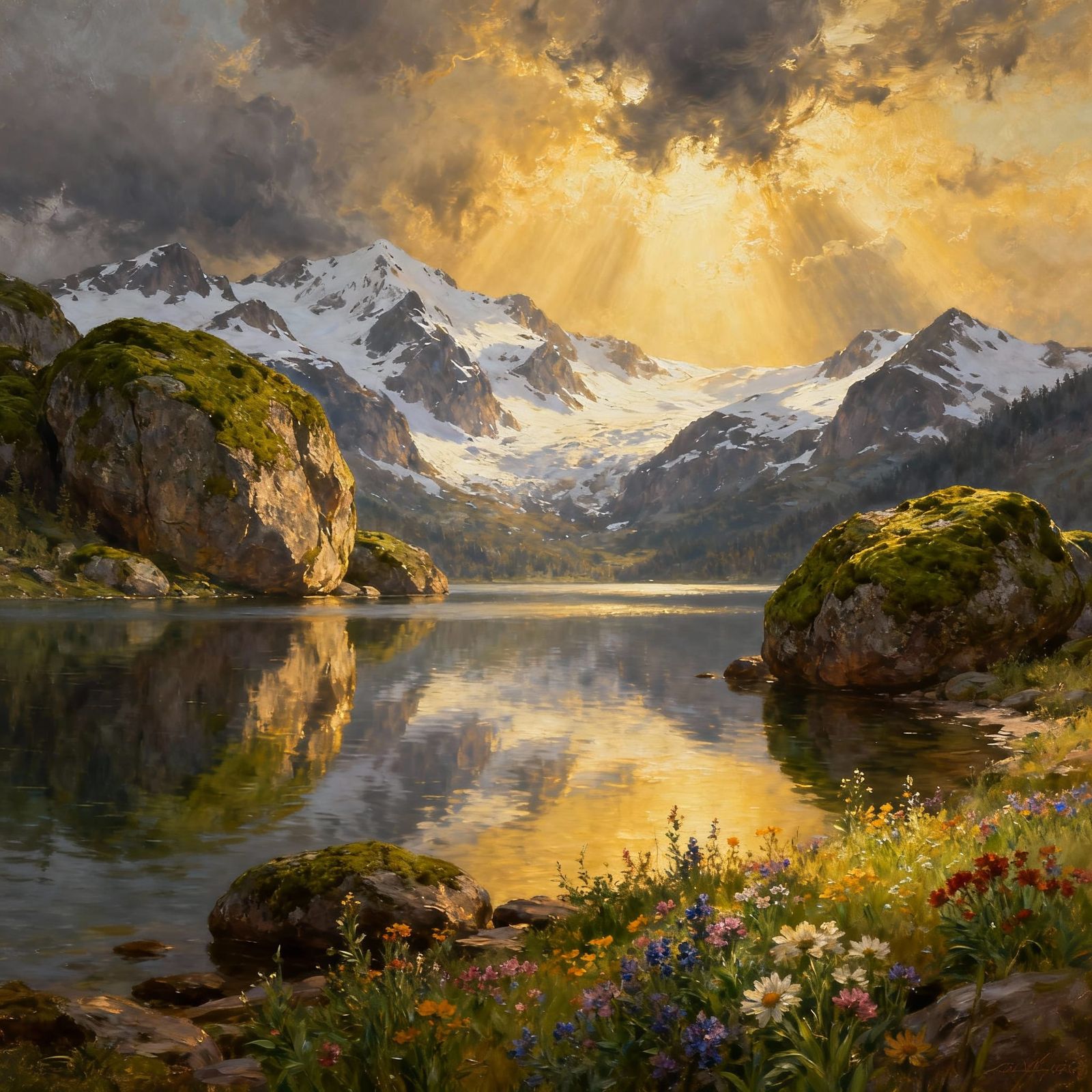 Golden Hour Lake Landscape Oil Painting