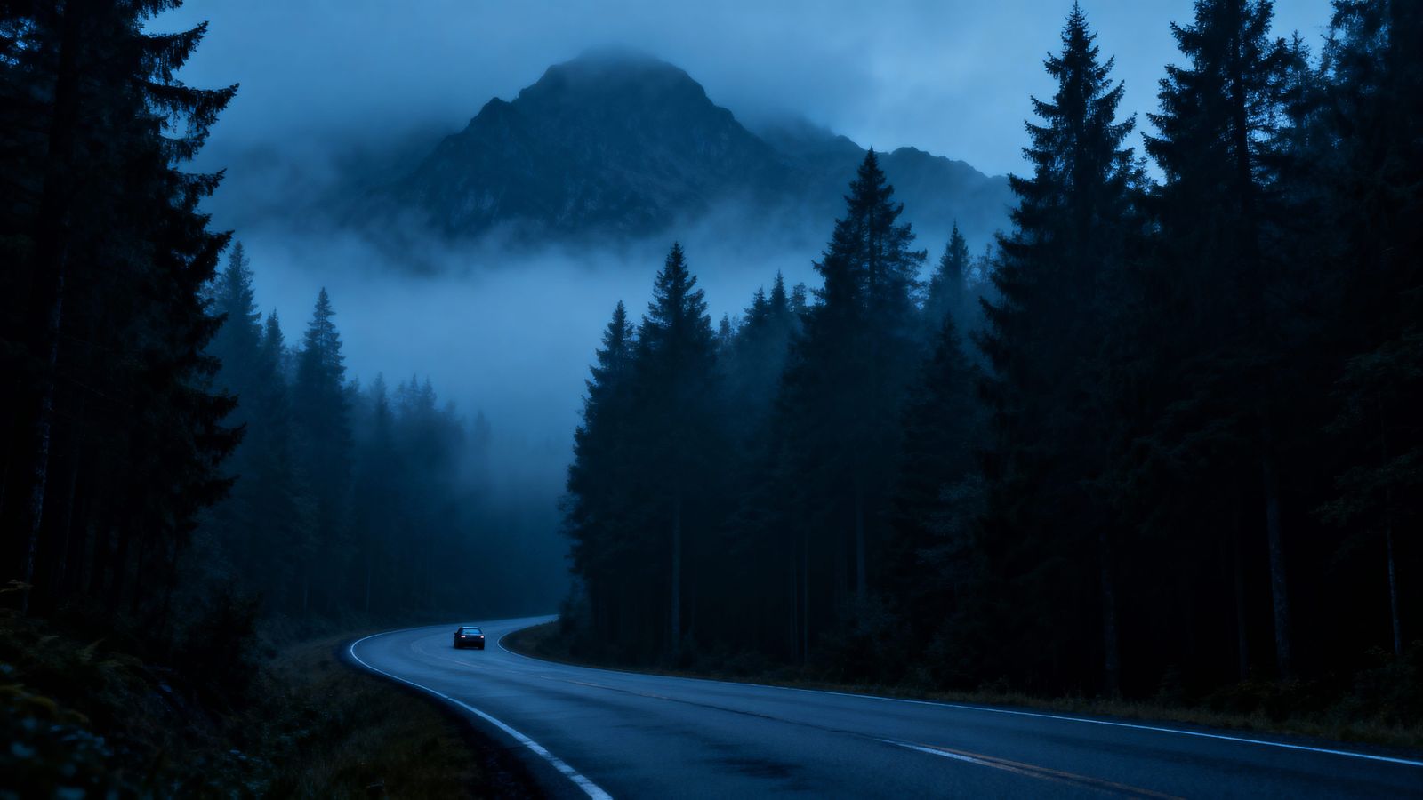 Winding Road Through Misty Coniferous Forest