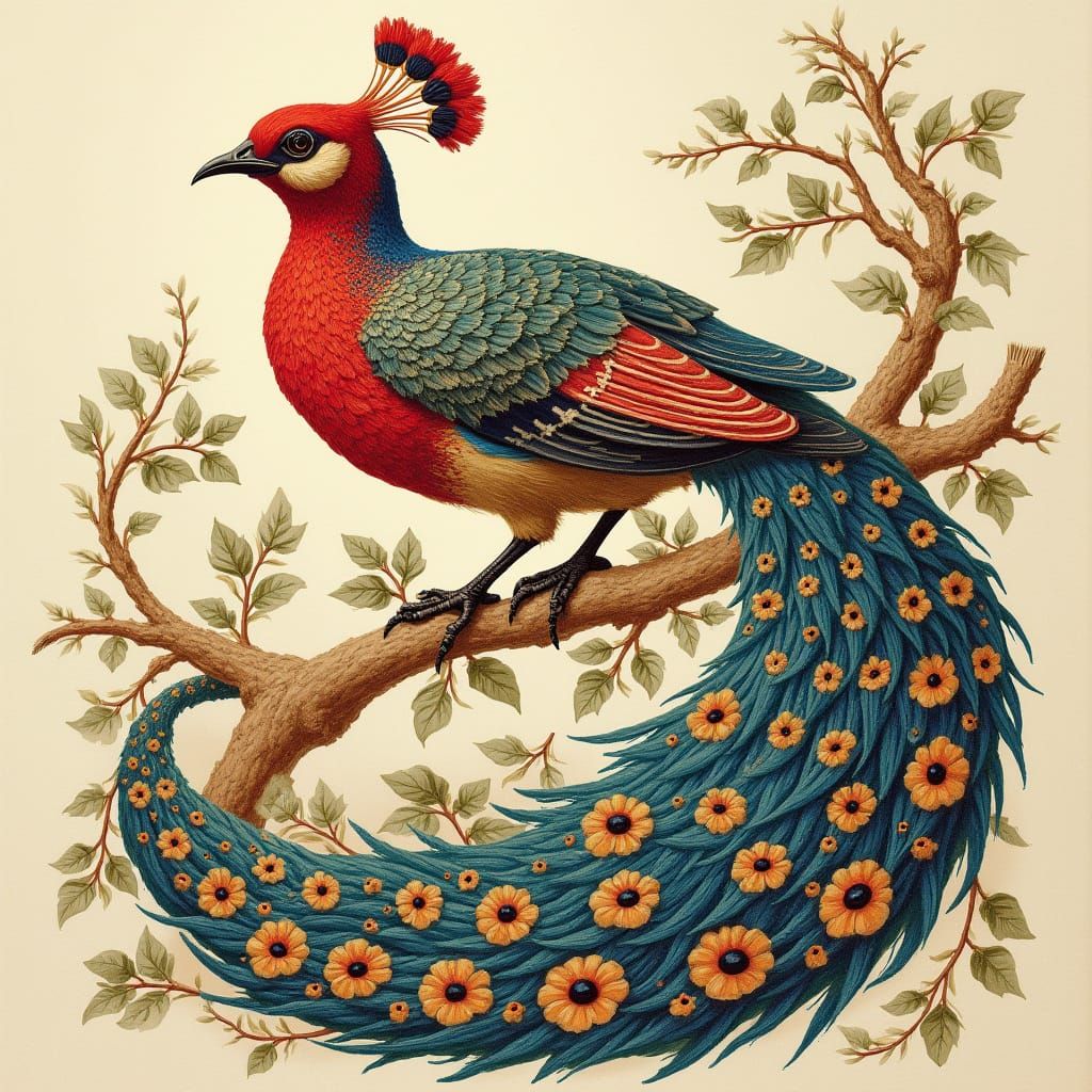 Vibrant Embroidered Bird in Hungarian Folk Art Style