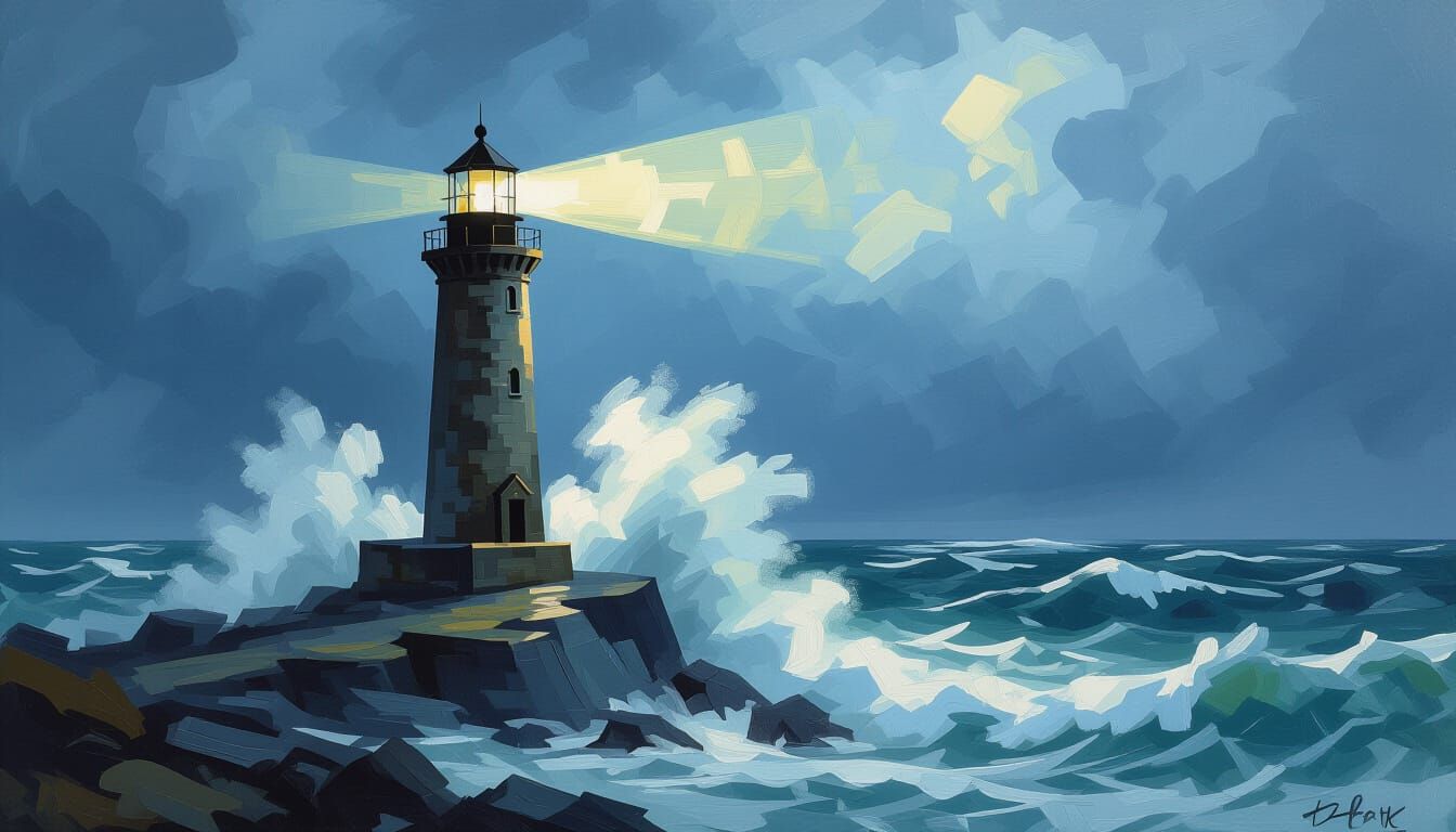 Lighthouse Braving Storm on Rocky Coastline in Turner Style