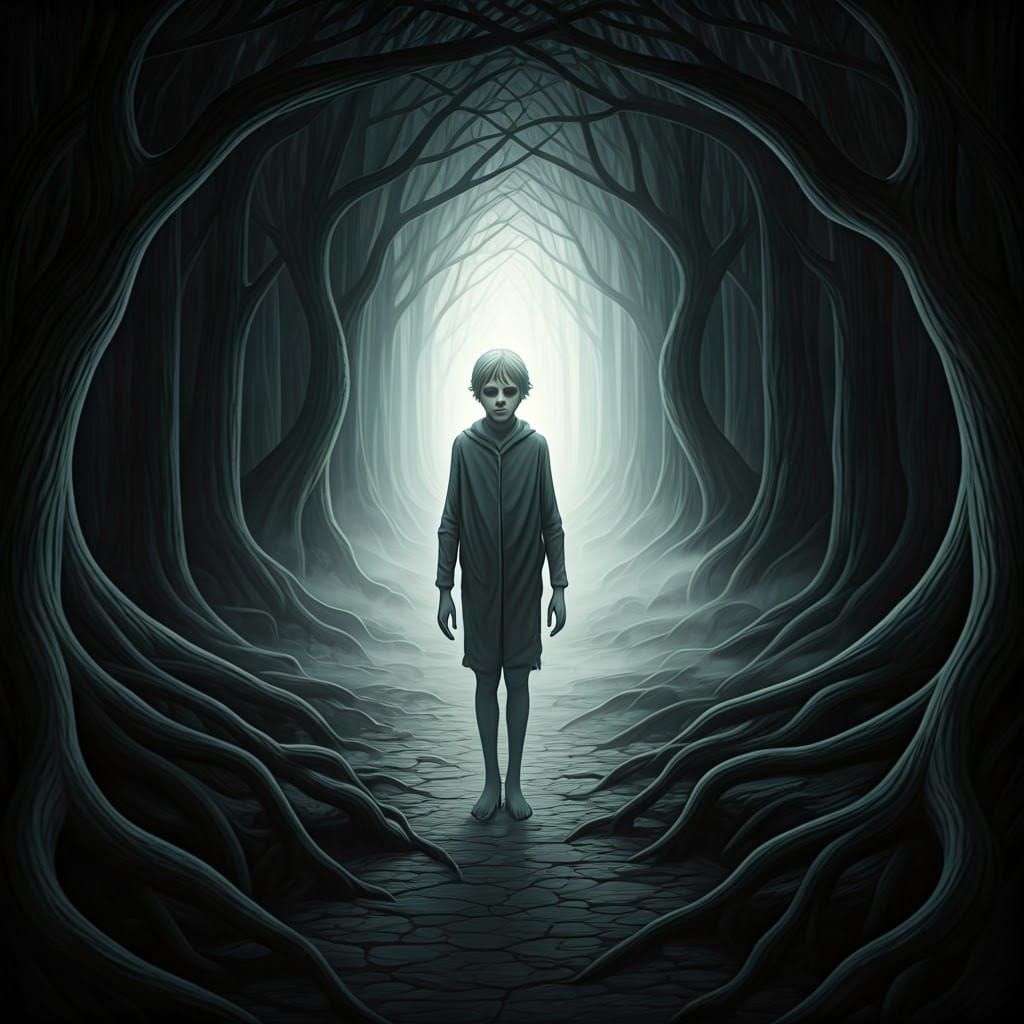 Ghostly Boy Lost in Mystical Forest, Doré Style