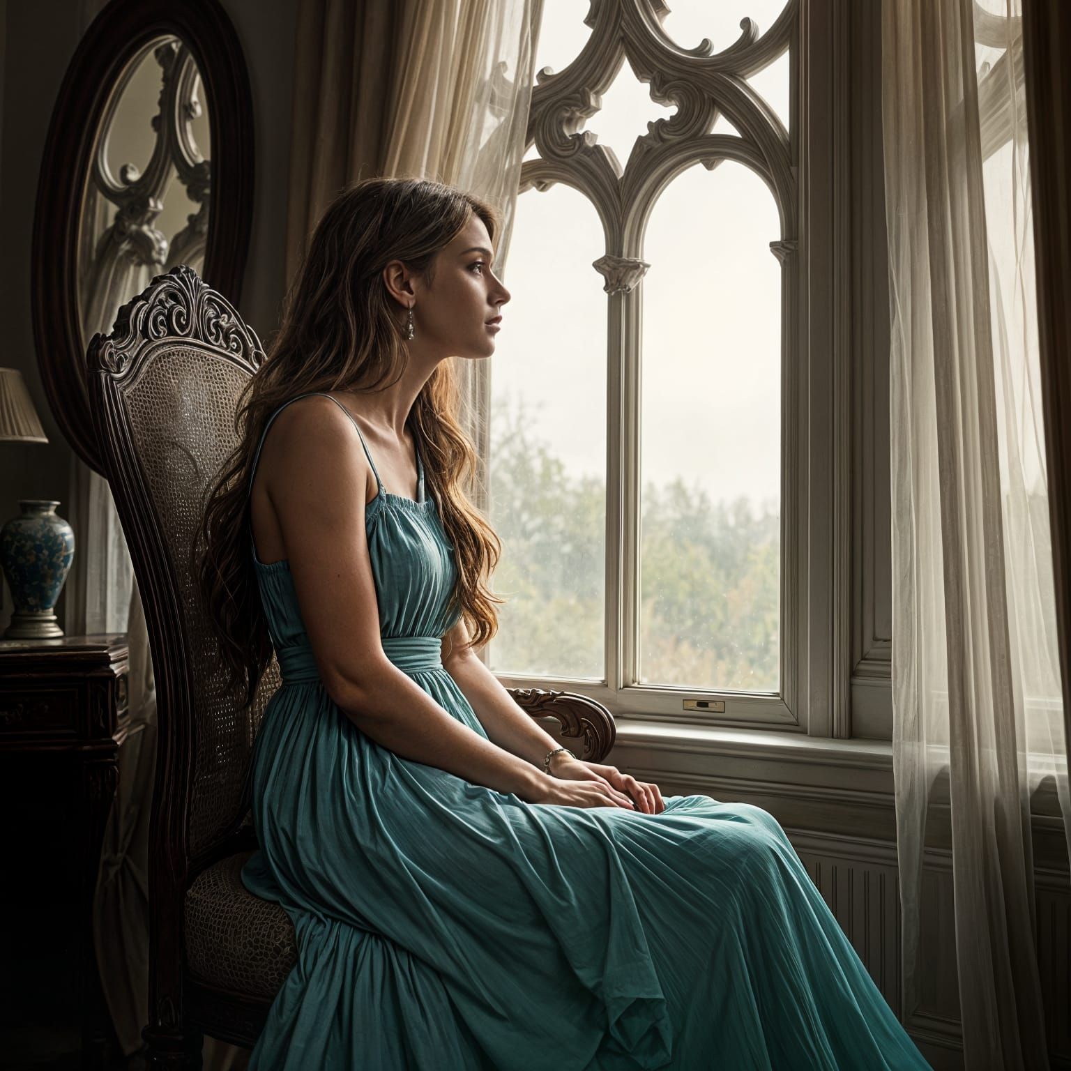 Woman Staring Out Window in Realistic Style