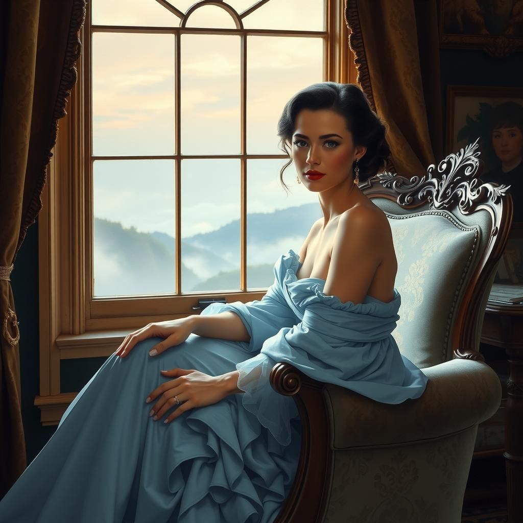Elegant Woman in Flowing Gown Gazing Out Window