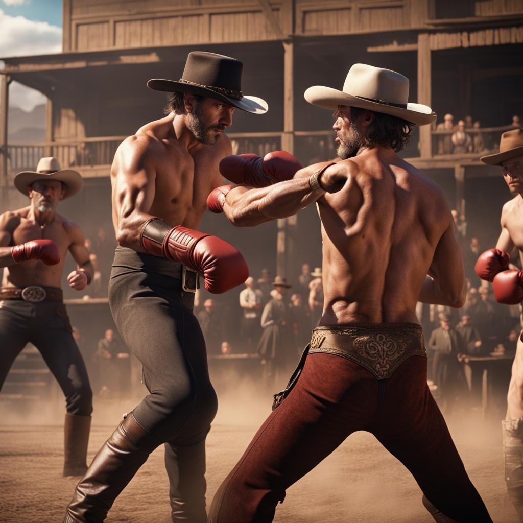 Cowboys Boxing Match in Old Western Style