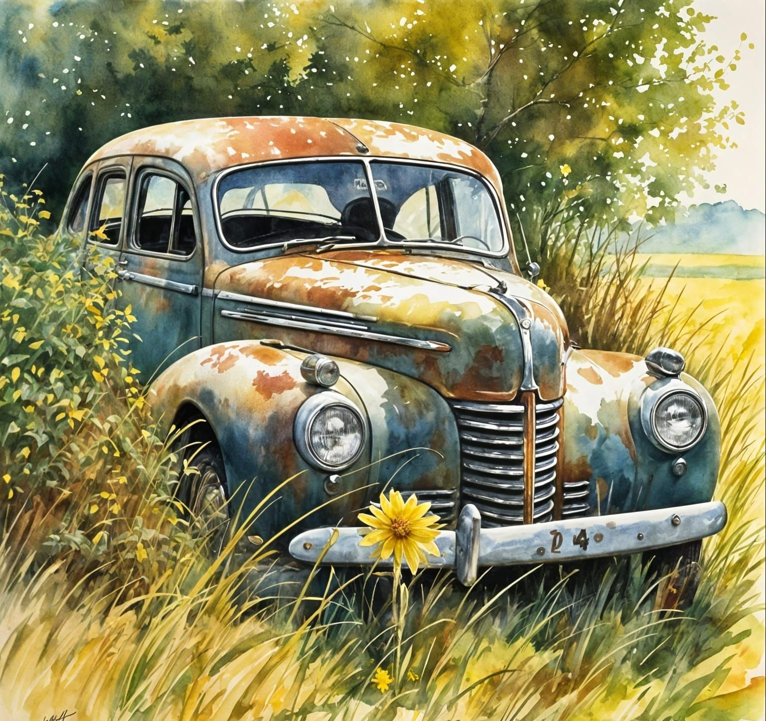 Vintage Car Rusting with Yellow Flower, Watercolour Art