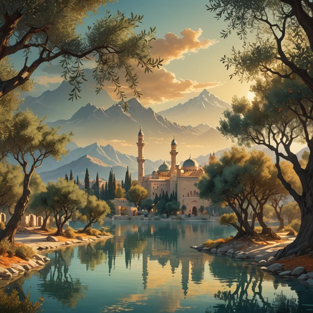 Olive Trees by Lake with Mosque: Alphonse Mucha Style
