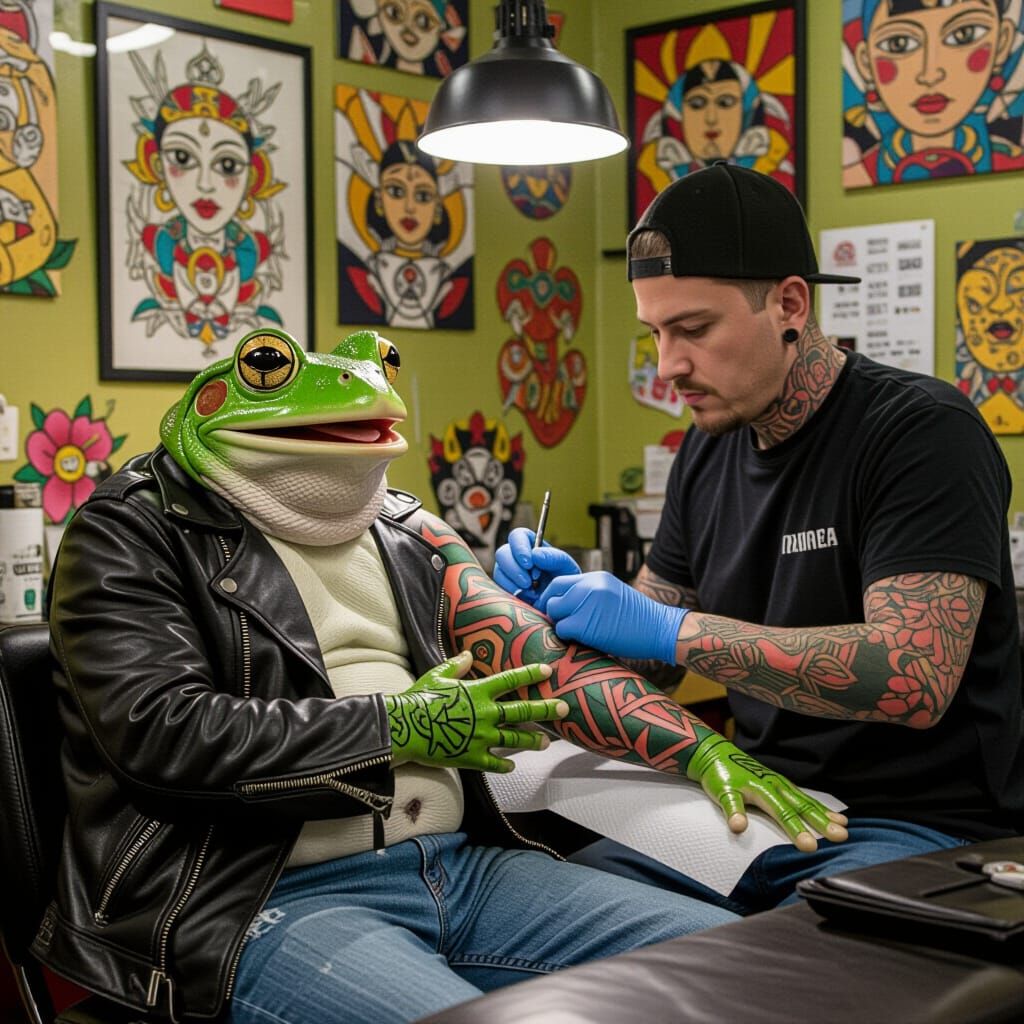 Frog Gets Tattoo Sleeve in Pop Surrealist Style
