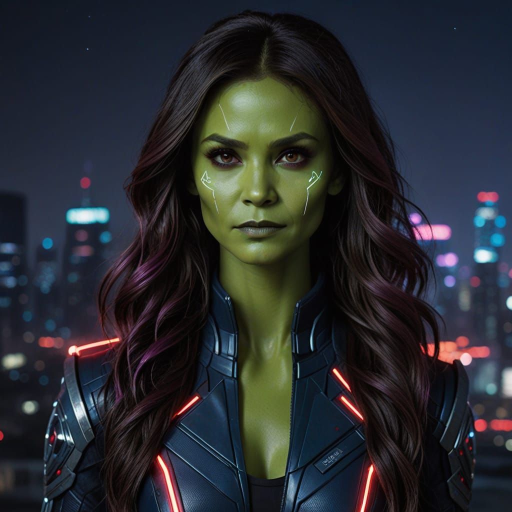 Nina Dobrev as Gamora in Neon-Lit Alien Cityscape