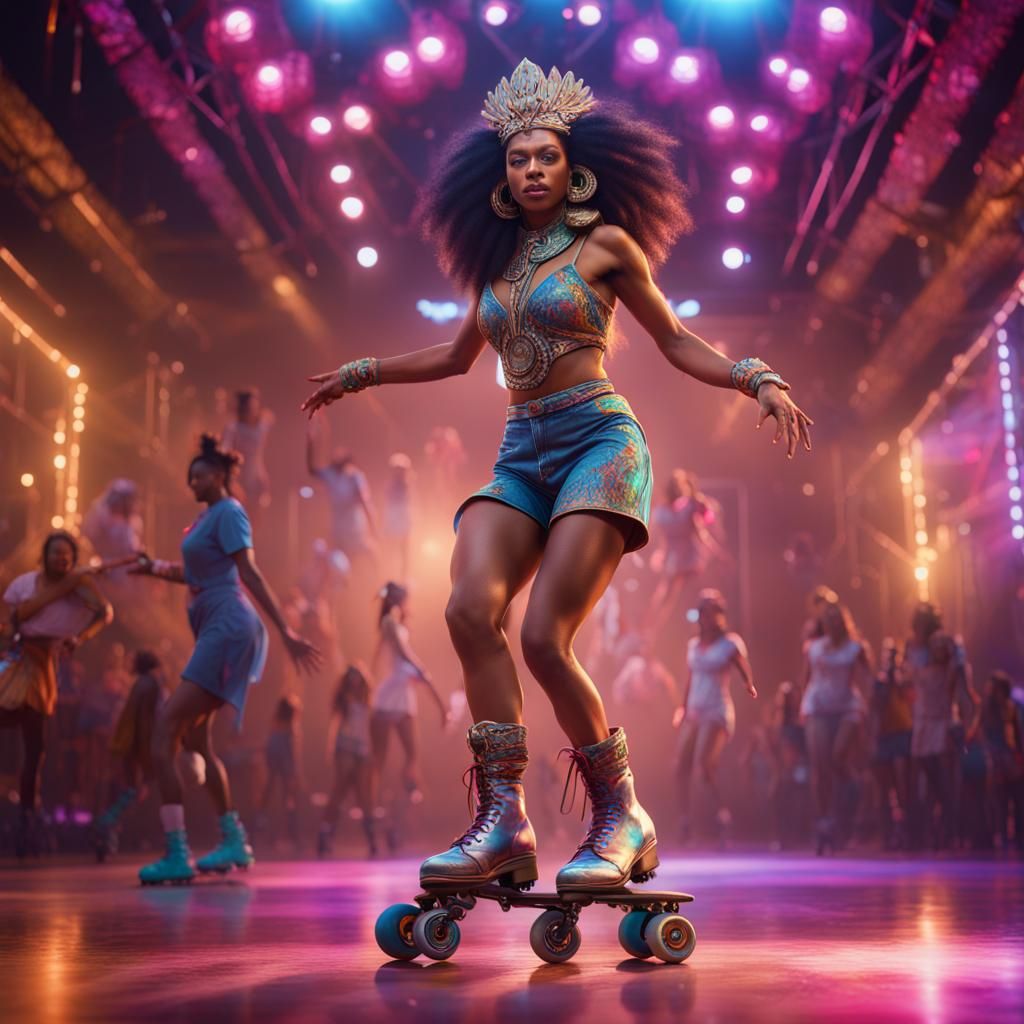 Amerindian Disco Queen on Rollerskates in Hyperrealism