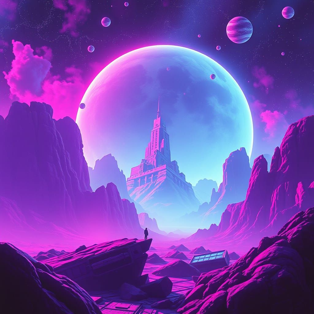 Neon Synthwave Planet in Retro Sci-Fi Style