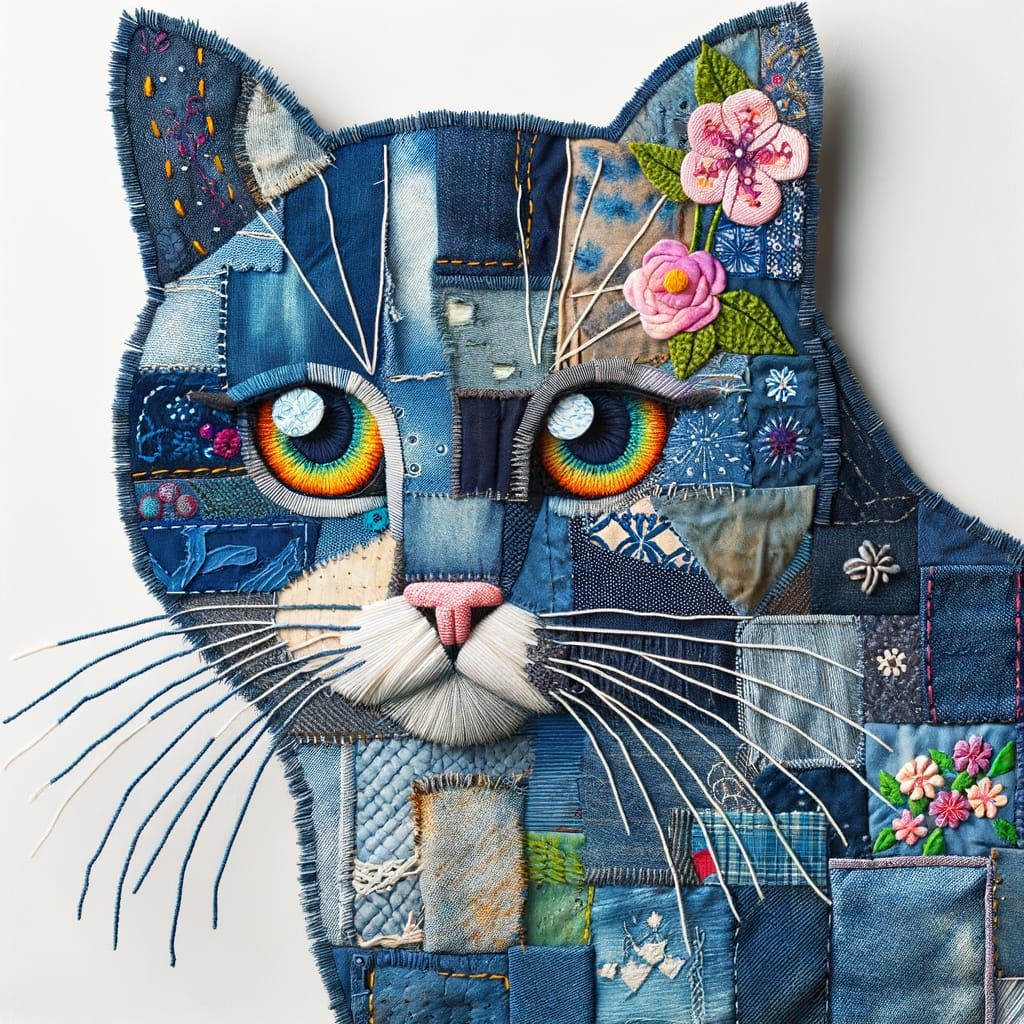 Denim Cat with Sashiko Embroidery