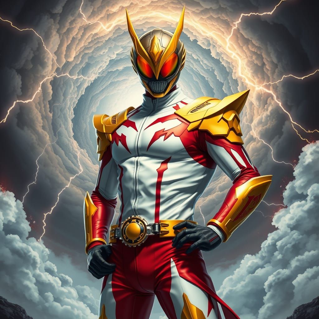 Kamen Rider with Golden Mask Amidst Celestial Energy