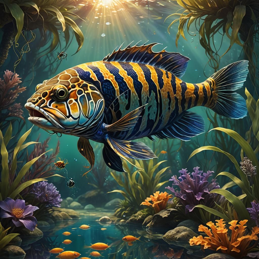 Tiger Oscar Fish Eating Spider: Fantasy Concept Art