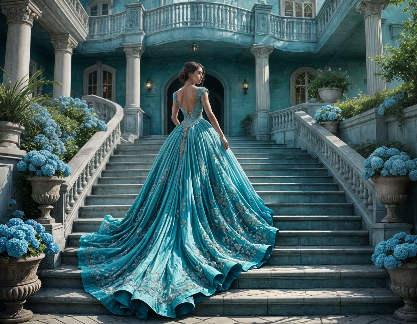 Woman in Turquoise Gown on Staircase, Art Nouveau