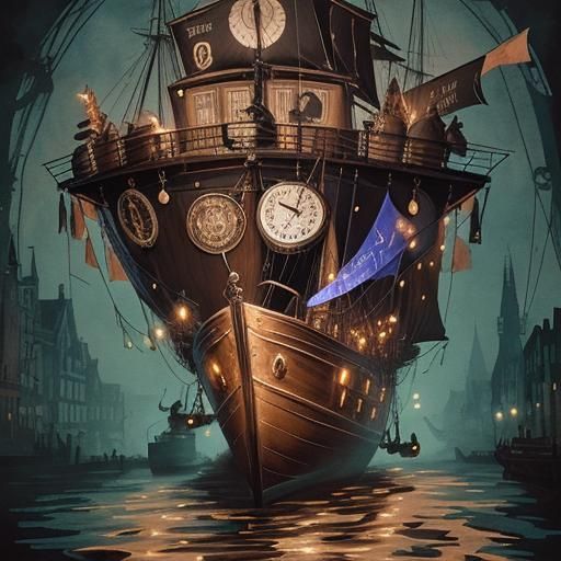 Steampunk Boat on Thames in Ink Painting Style