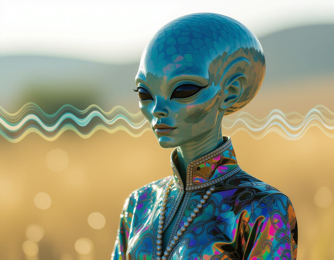 Alien in Iridescent Clothing with Glitch Effect