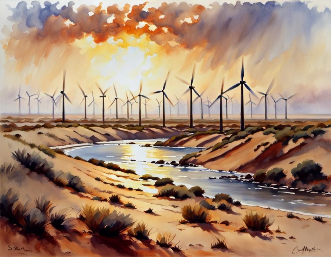 Namibian Windfarm Sunset: Impressionist Watercolour and Oil ...