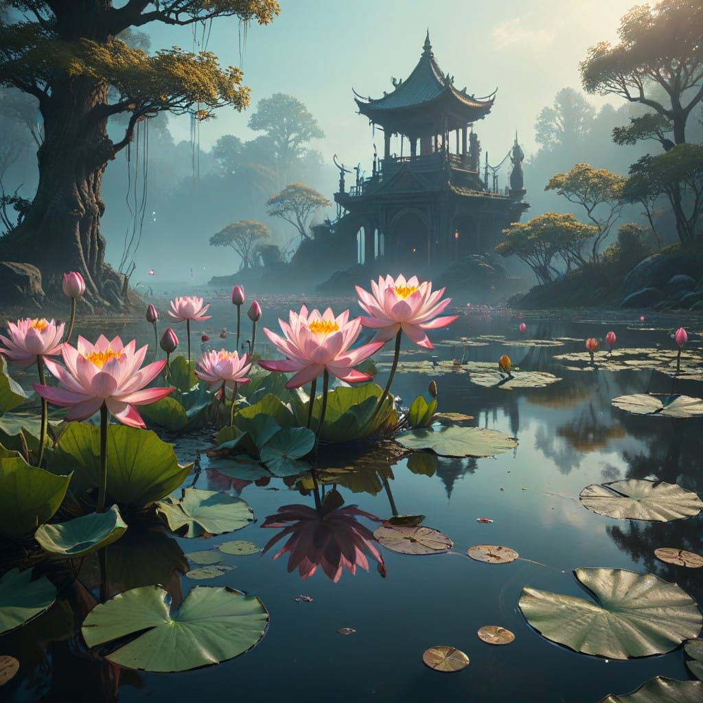 Mystical Pond in Soft Focus, with Serene and Ethereal Bright...