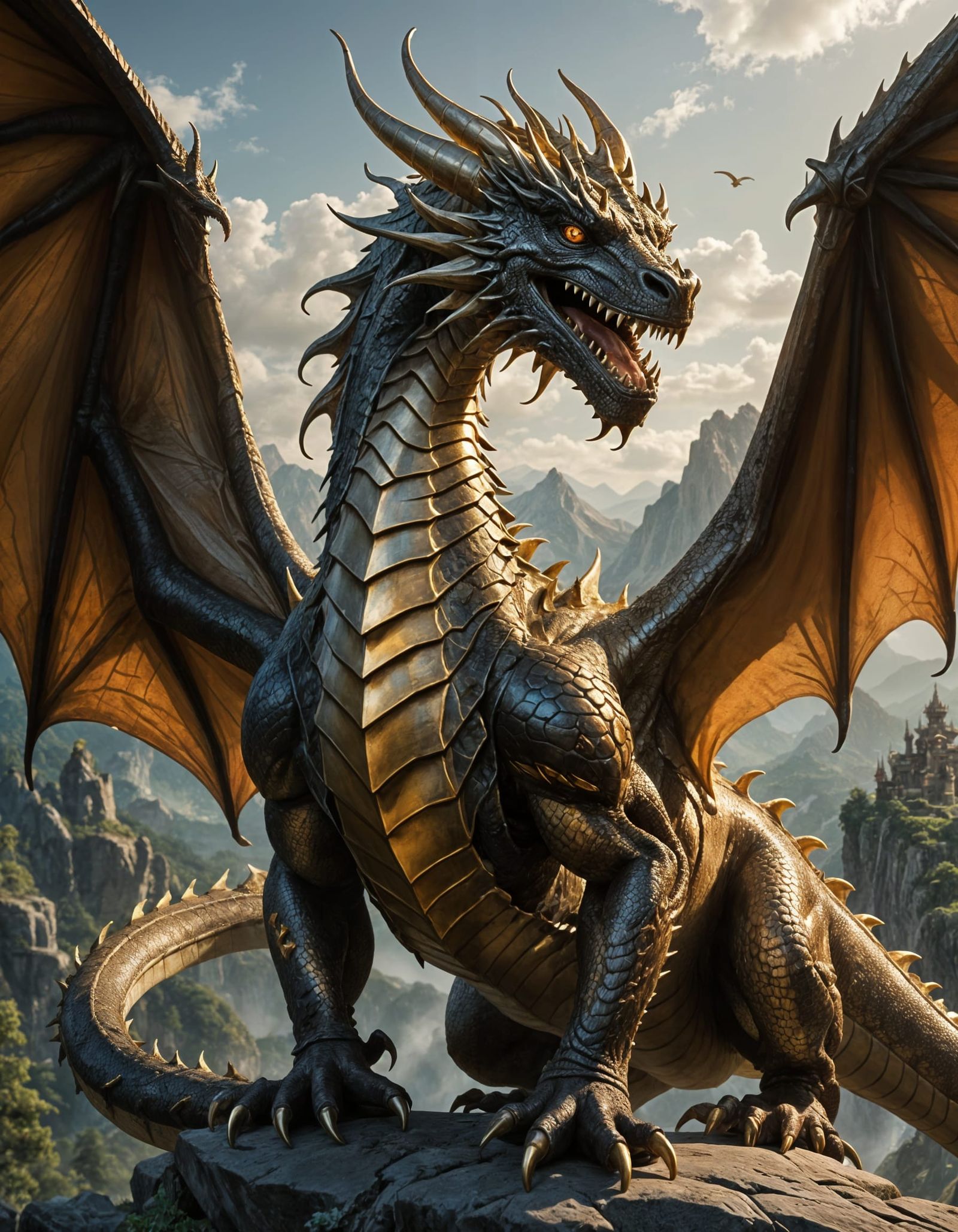 Majestic Brass Dragon Reigns Over Valley