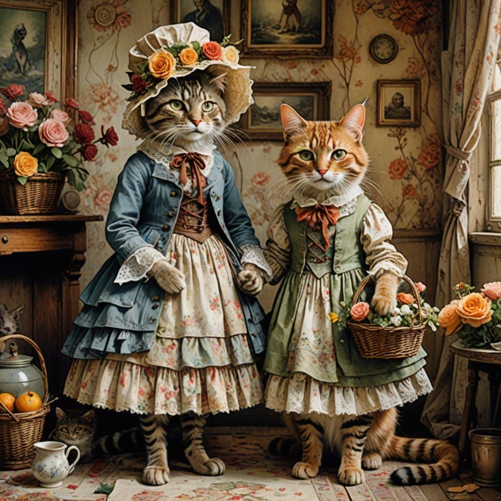 Bohemian Cats in Vintage Room: Fantasy Art