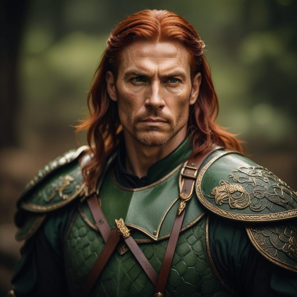 Crimson-Haired Warrior in Emerald Armor