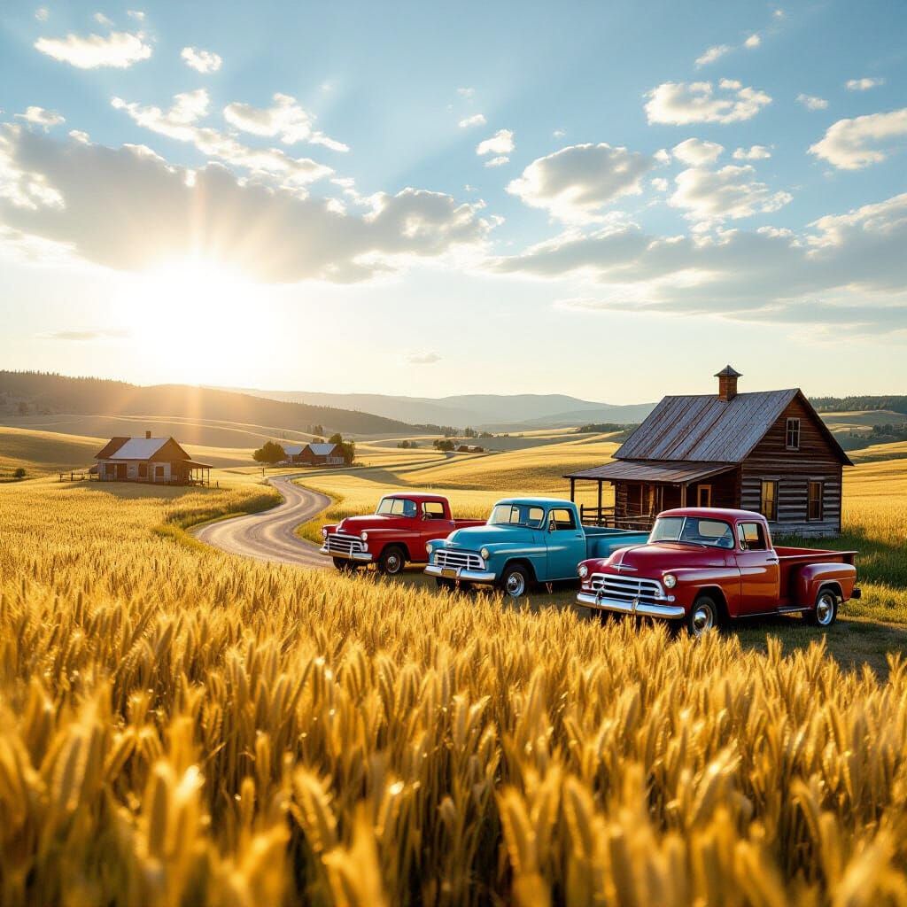 1950s American Countryside with Pickup Trucks