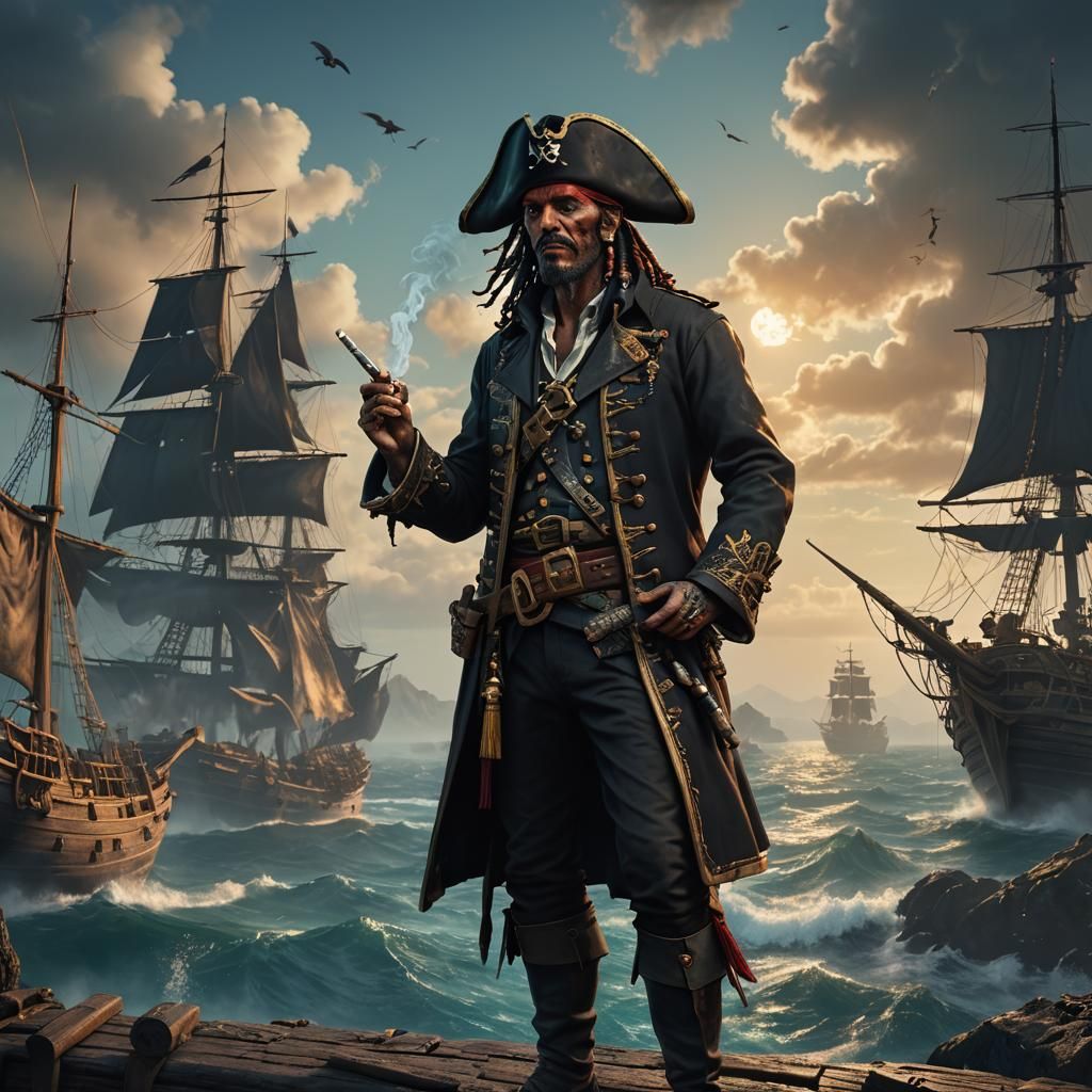 Pirate Gazing at Horizon in Detailed Matte Painting