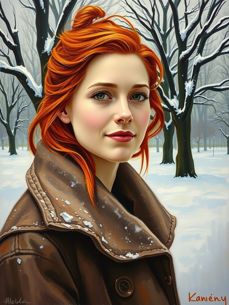Redhead Woman in Winter Park Oil Painting
