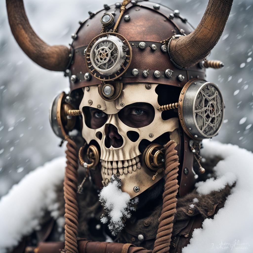 Steampunk Viking Skull in a Mechanized Landscape