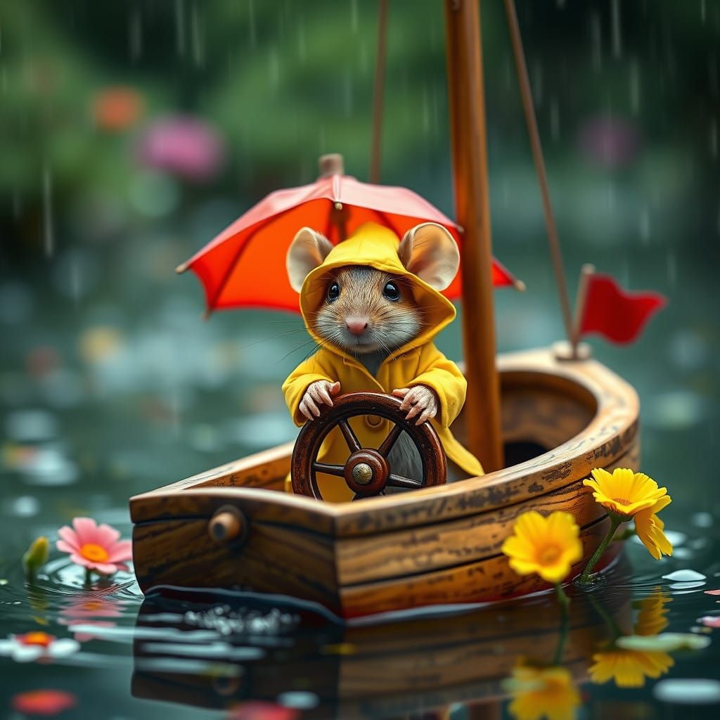 Tiny Mouse Navigates Calm Waters in Hyperrealistic Style