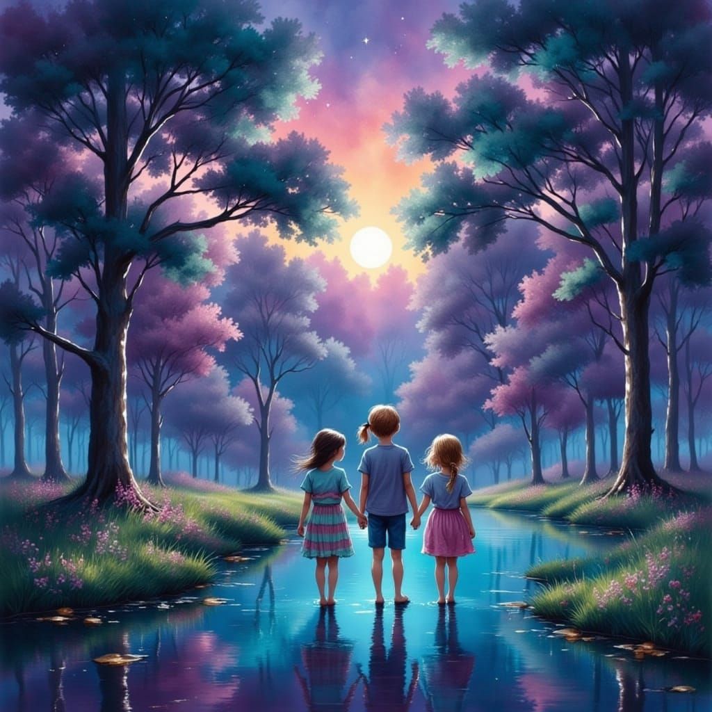 Girls Embracing in Sunny Park, Whimsical Illustration