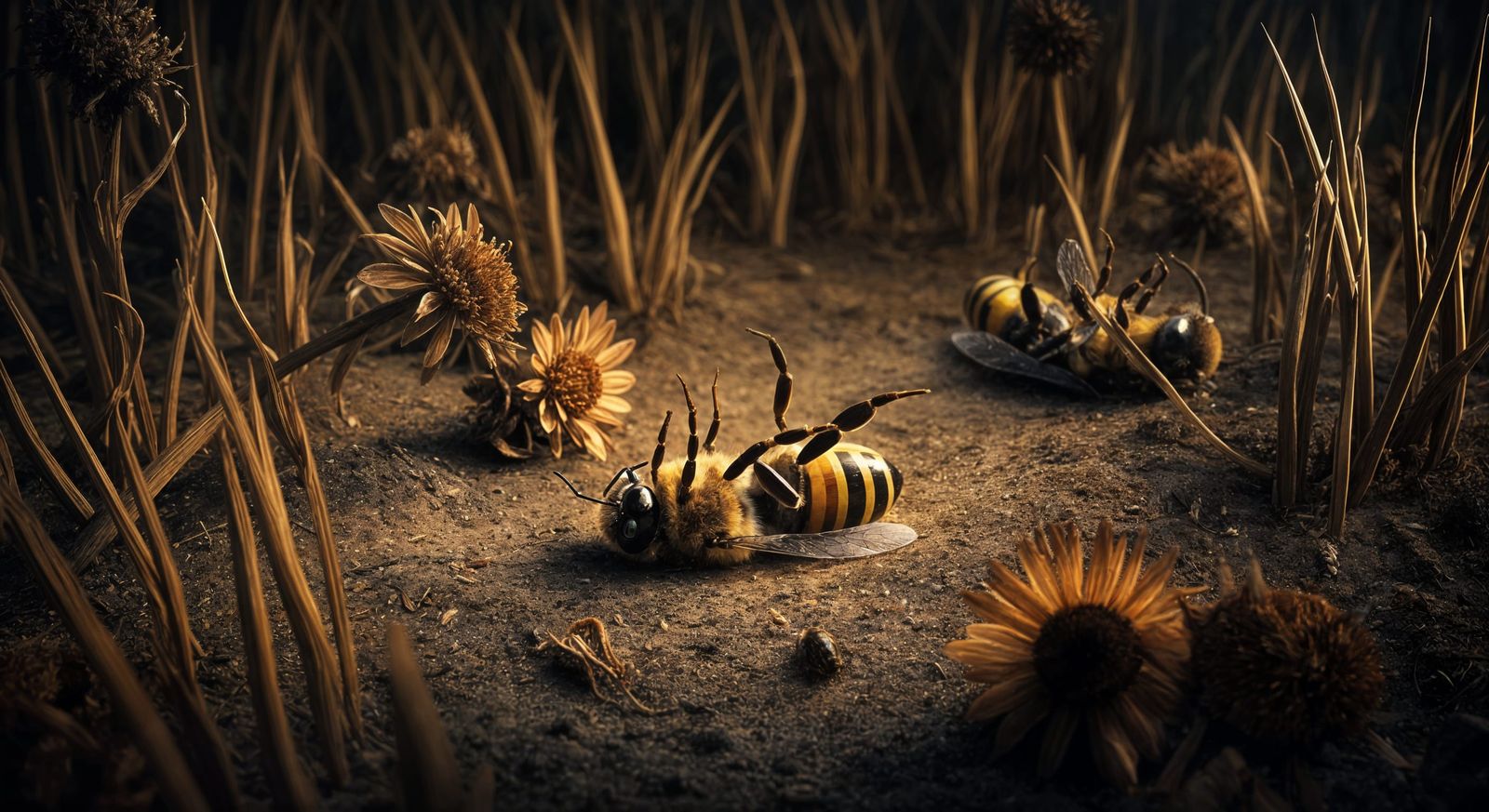 Dead and Dying Bees on Withered Grass